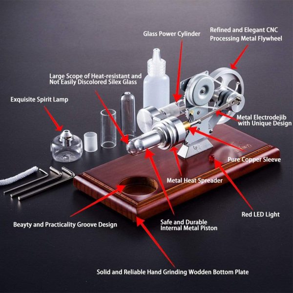Hot Air Stirling Engine Kit Education Toy With Brown Solid Wood Baseplate Online Sale - Image 4